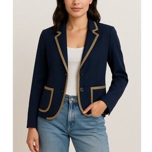 Anne Klein Women's Navy Blazer Size 6 Gold Trim Preppy‎ Holiday Party Jacke